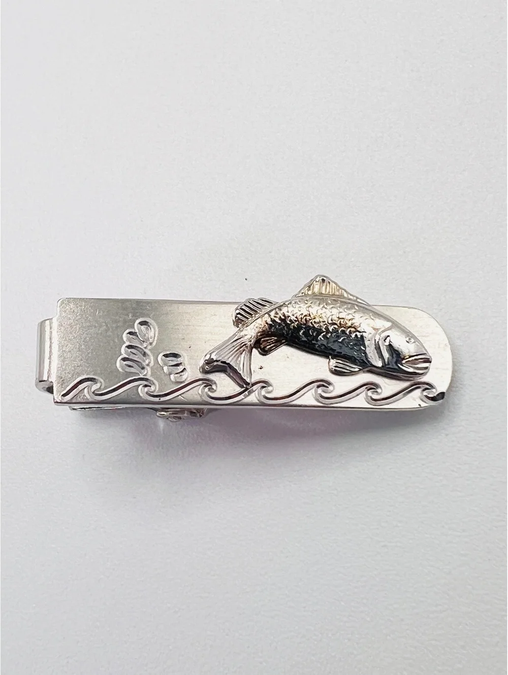 Vintage Anson PAT PEND Jumping Fish Tie Clip Silver Tone Fishing Angler